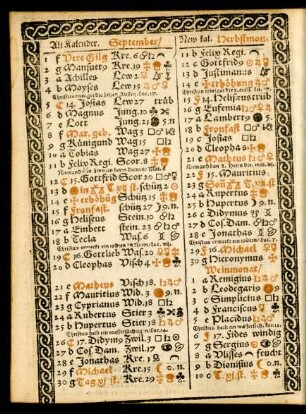 Alt Kalender. September/ New kal. Herbstmon.