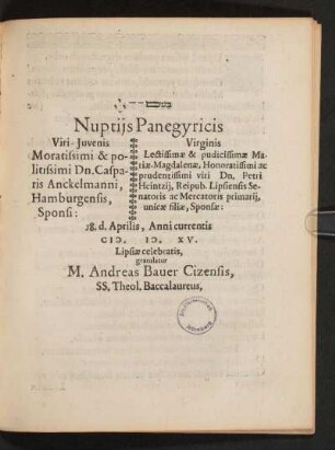 Nuptijs Panegyricis ... gratulatur M. Andreas Bauer Cizensis, ...