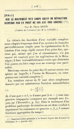 Sur le mouvement d'un corps grave de révolution suspendu par un point de son axe (Der Kreisel).