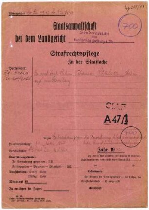 Angeklagter: Walser, Dr. Julius (Zahnarzt); Radolfzell *15.12.1894 in Konstanz; + ? Delikt: Rundfunkverbrechen Tatort: Radolfzell Tatzeit: Oktober 1940-Februar 1941
