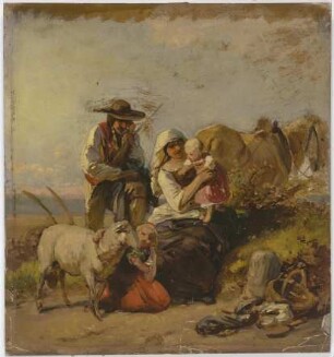 Bauernfamilie mit Pferd und Ziege auf dem Feld