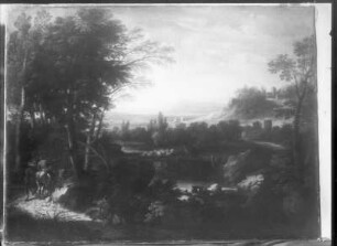 Landschaft mit Bach und zwei Reitern im Vordergrund