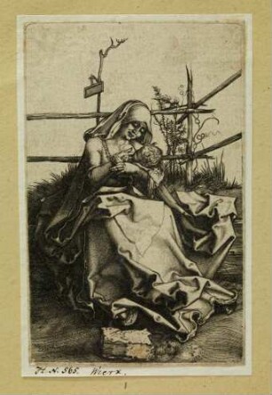 Maria auf der Rasenbank, das Kind stillend