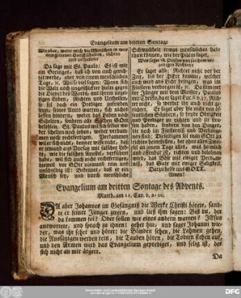 Evangelium am dritten Sontage des Advents. Matth. am 11. Cap. v. 2:10.