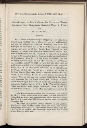 Bemerkungen zu dem Aufsatz des Herrn von Kraatz-Koschlau: über Ceroglossus Darwinii Hope-v. Kraatz