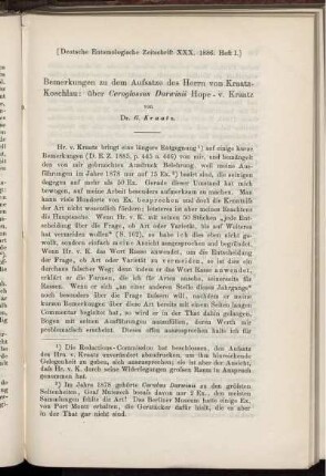 Bemerkungen zu dem Aufsatz des Herrn von Kraatz-Koschlau: über Ceroglossus Darwinii Hope-v. Kraatz