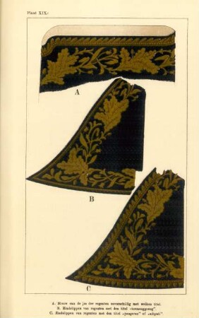 Plaat XIXc. A. Mouw van de jas der regenten ... B. Eindslippen van regenten met den titel "toemenggoeng". C. Eindslippen van regenten met den titel "pangeran" of "adipati"