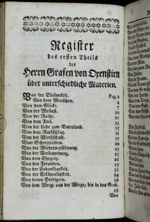 Register des ersten Theils des Herrn Grafen von Oxenstirn über unterschiedliche Materien.