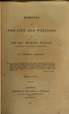 Memoirs of the life and writings of Rich. Watson