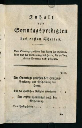 4r-6r, Inhalt der Sonntagspredigten des ersten Theiles.