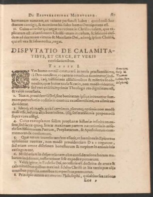 Disputatio De Calamitatibus, Et Cruce, Et Veris consolationibus.