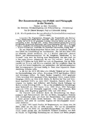 Der Zusammenhang von Politik und Pädagogik in der Neuzeit : Umrisse zu einer Geschichte der deutschen Schulgesetzgebung und Schulverfassung ; (Fortsetzung)