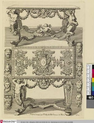 [Nouveaux Livre d'Orfevrerie Inventé Par Marot Architecte du Roy fait avec Previllege des États Generax des Provinces Unie; Entwürfe von Zwei Tischen]