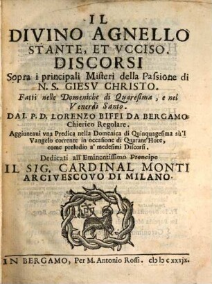 Il divino Agnello stante et ucciso : Discorsi