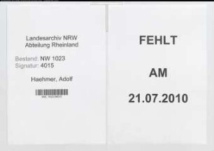 Entnazifizierung Adolf Haehmer , geb. 10.11.1897 (Bautechniker)