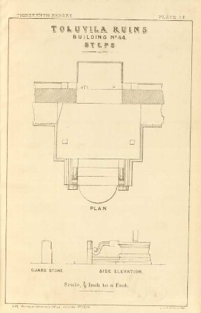 Plate FF. Toluvila ruins. Building No. 44. Steps. Plan. Guard stone. Side elevation.