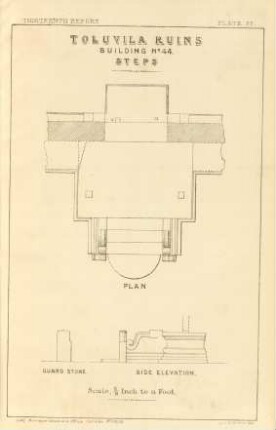 Plate FF. Toluvila ruins. Building No. 44. Steps. Plan. Guard stone. Side elevation.