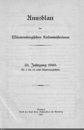 33.1940: Kultministerium, Amtsblatt 1940