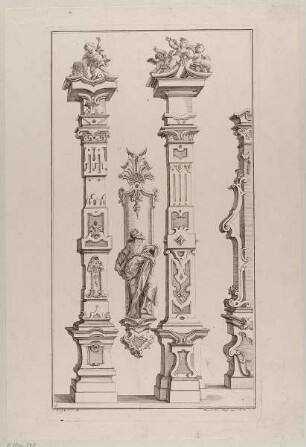 Zwei Säulen und eine Skulptur, Blatt 6 aus der Folge "Gantz Neu sehr nützl. Säulen und andern Ornamenten