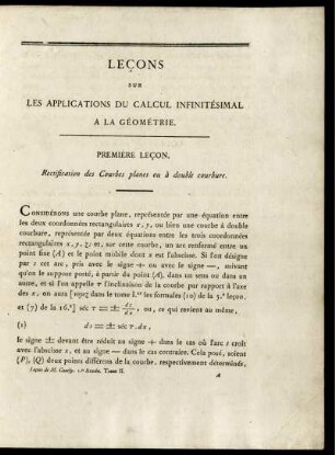 Premiére Lecon. Rectification des Courbes planes ou à double courbure.
