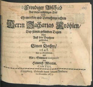 Freudiger Abschied Aus dieser mühseligen Welt Dem ... Herrn Zacharias Kröhlen