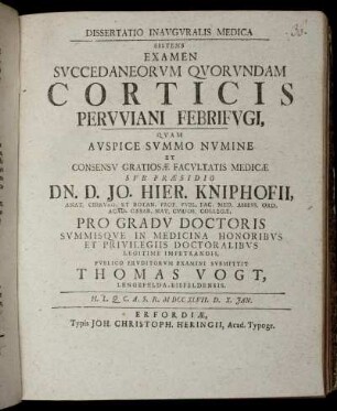 Dissertatio Inauguralis Medica Sistens Examen Succedaneorum Quorundam Corticis Peruviani Febrifugi