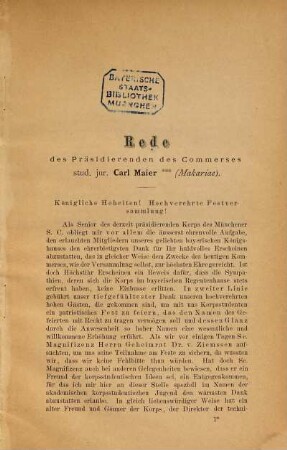 Zur Erinnerung an den Prinzregenten-Commers : abgehalten aus Anlass der Feier des 70. Geburtstages Sr. Kgl. Hoheit des Prinzregenten Luitpold von Bayern vom SC der Münchener Universität in Verbindung mit dem Corps-Philister-Verband München, dem SC der Technischen Hochschule, den Inaktiven des Aschaffenburger SC am 7. März 1891 im grossen Saale des Münchner Kindlkellers