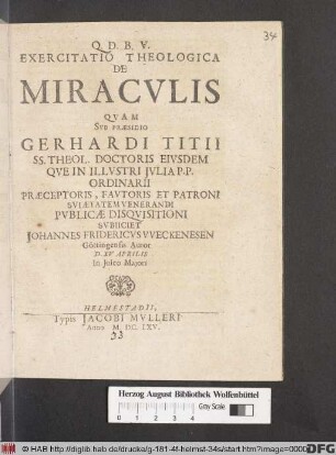 Exercitatio Theologica De Miraculis