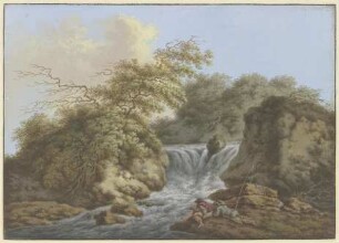 Wasserfall zwischen zwei Felsen, am Ufer rechts zwei Angler