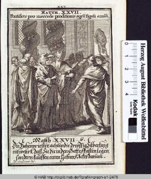 Judas Ischariot gibt den Hohepriestern die dreißig Silberlinge, die er für den Verrat an Christus erhalten hat.