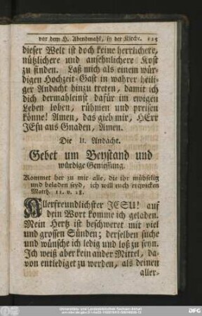 Die II. Andacht. Gebet um Beystand und würdige Geniessung.