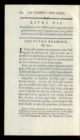Livre VII. Conséquences des différens principes des trois gouvernemes par rapport aux loix somptuaires, au luxe et à la condition des femmes.