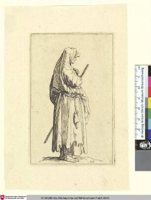 [An old Peasant Woman; Alte Bäuerin im Profil nach rechts, einen Stab haltend]