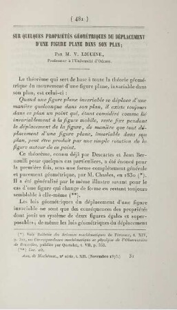 Sur quelques propriétés géométriques du déplacement d'une figure plane dans son plan.