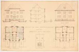 Zweifamilienhaus Monatskonkurrenz Februar 1930: Lageplan 1:500; (je ein halber) Grundriss Keller, Erdgeschoss, Obergeschoss, Aufriss Straßenansicht, Gartenansicht, Querschnitt; Maßangaben