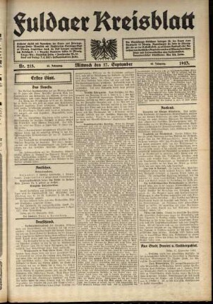 Erste Ausgabe vom Mittwoch, den 17. September 1913.