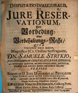 Disputatio Inauguralis, De Iure Reservationum : = Vom Vorbeding- Oder Vorbehaltungs-Recht