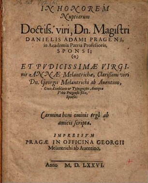 Carmina in honorem nuptiarum Dan. Adami Prageni ab amicis scripta