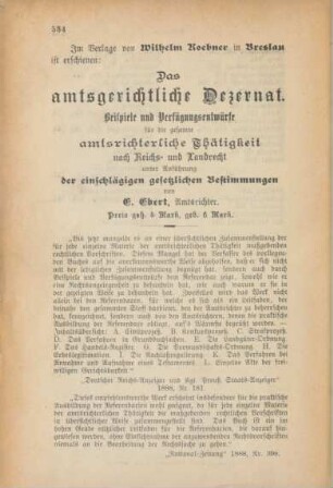 Im Verlage von Wilhelm Koebner in Breslau ist erschienen: Das amtsgerichtliche Dezernat