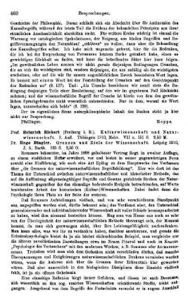 462-463, Heinrich Rickert. Kulturwissenschaft und Naturwissenschaft. 1910 / Hugo Dingler. Grenzen und Ziele der Wissenschaft. 1910