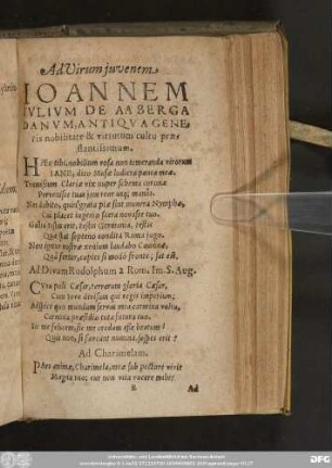 Ad Virum iuvenem Ioannem Iulium De AA Berga Danum, Antiqua Generis nobilitate & virtutum cultu praes stantissimum.