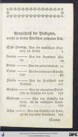 Verzeichniß der Predigten, welche in diesem Werkchen enthalten sind.