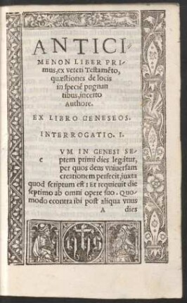 Anticimenon Liber Primus, ex veteri Testamento, quaestiones de locis in speciem pugnantibus, incerto Authore.