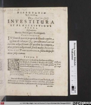 Disputatio Feudalis Secunda, De Feudi Definitione Et Divisione