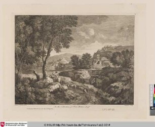 [Landschaft mit vier Hunden und einem Mann auf einem Pferd]