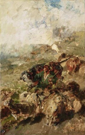 Gewitter auf der Alb mit flüchtenden Schafen und Stier