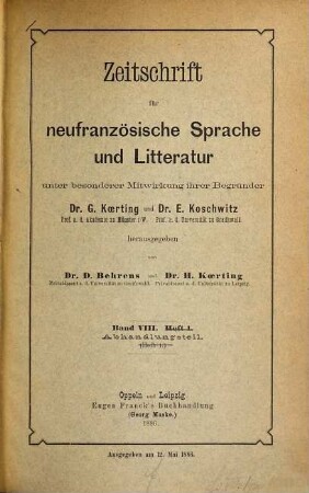 Zeitschrift für neufranzösische Sprache und Litteratur. 8. 1886