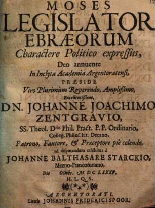 Moses Legislator Ebraeorum Charactere Politico expressus