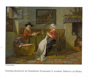 "Vierfarben-Buchdruck der Graphischen Kunstanstalt A. Landerer, Heilbronn am Neckar" (Musterblatt? mit "Familien-Szene")