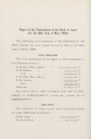 Report of the transactions of the Bank of Japan for the 38th year of Meiji (1905)